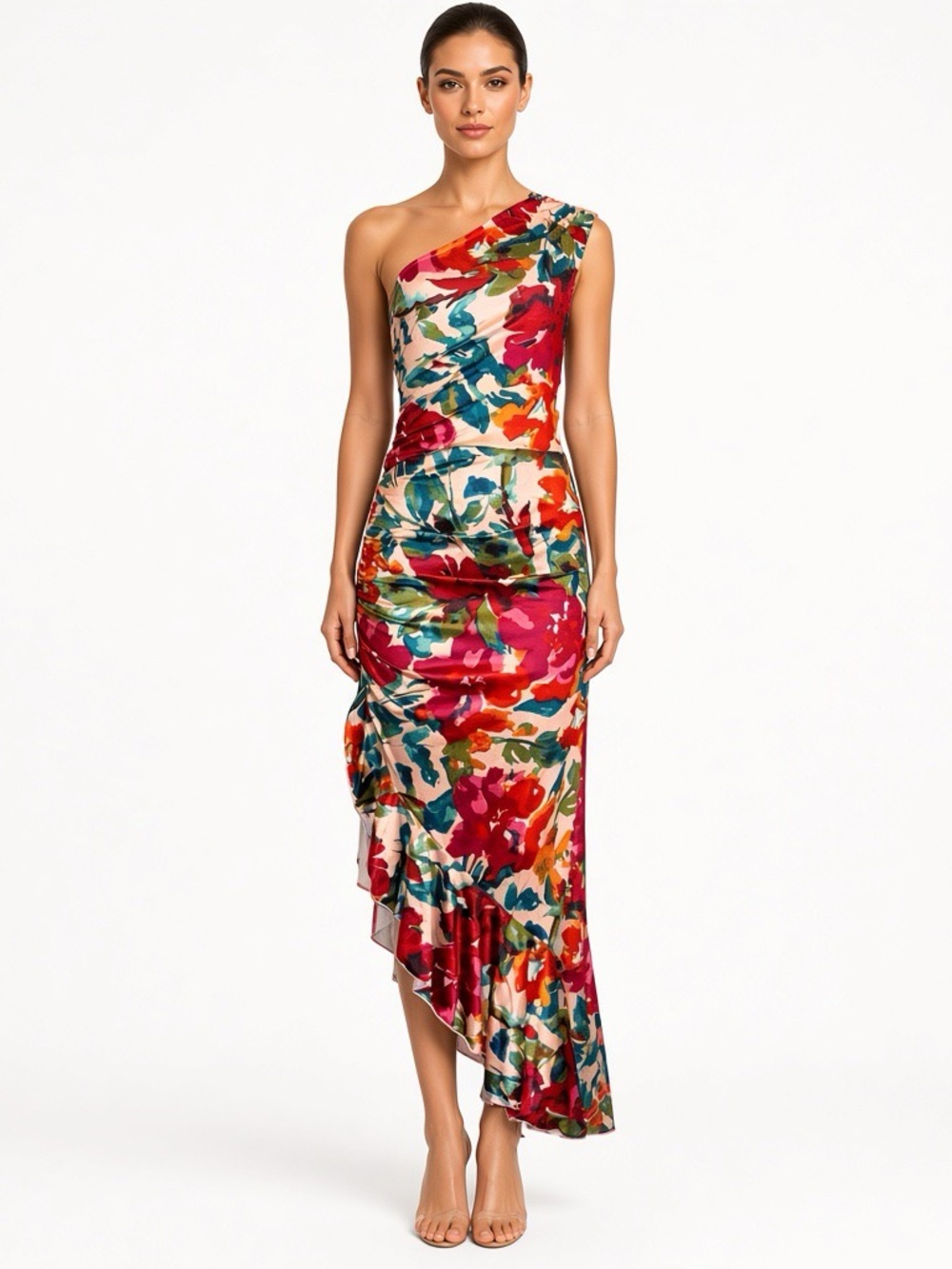 Lulu's One-Shoulder Floral Midi Dress in Red, Pink, Green, Blue